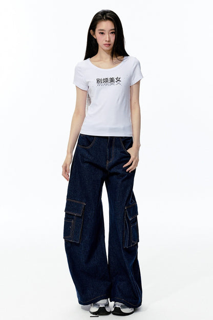 Rhinestone Text Print White T-Shirt