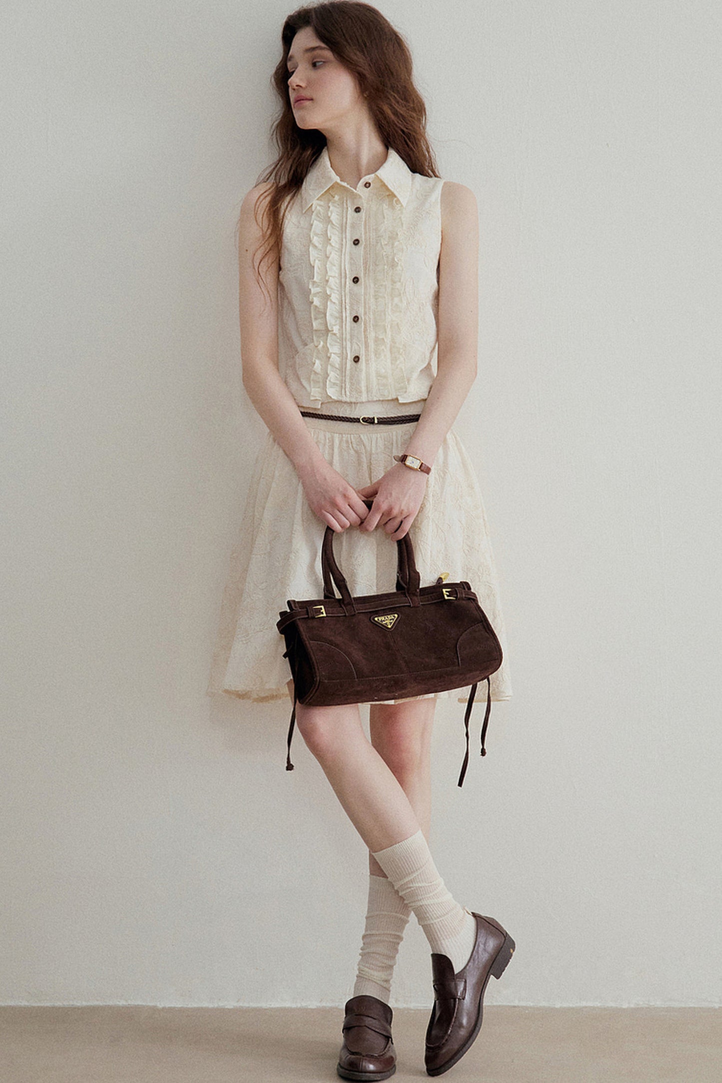 Ruffle Sleeveless Shirt Vest and Skirt Set-Up