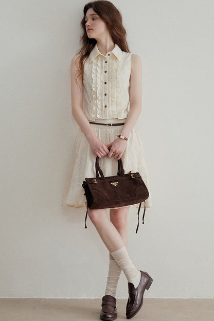 Ruffle Sleeveless Shirt Vest and Skirt Set-Up