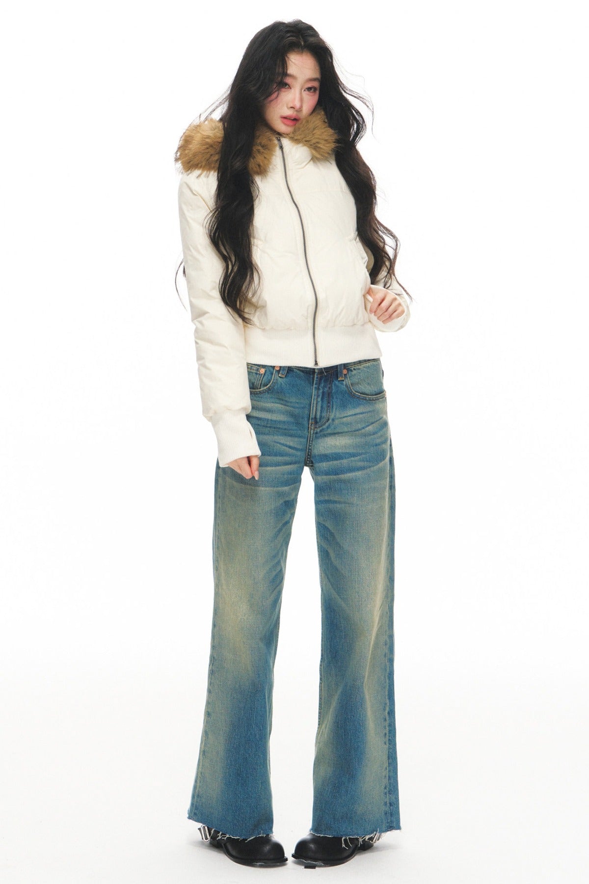 Lightweight Hooded Fur Collar Down Jacket and Pants Set-Up