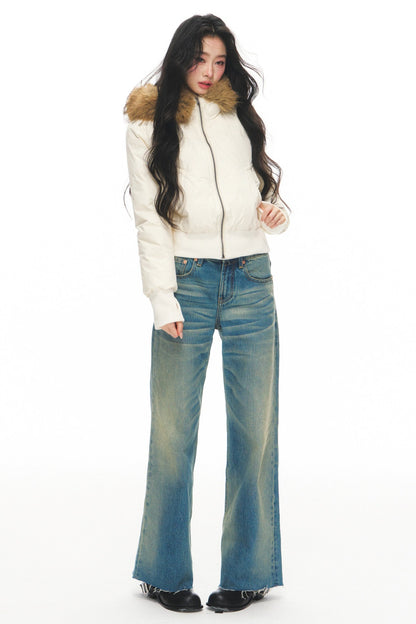 Lightweight Hooded Fur Collar Down Jacket and Pants Set-Up