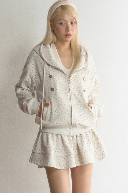 Floral Hooded Cardigan and Skirt Set-Up