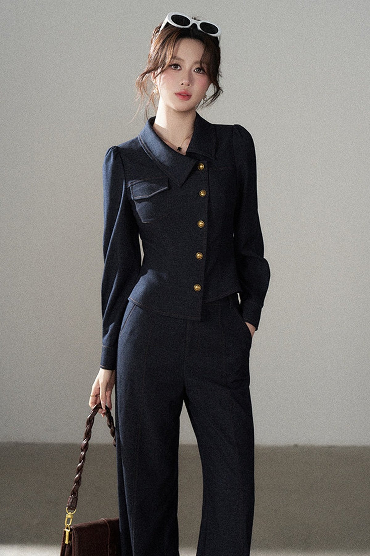 Asymmetrical Lapel Blue Top and Pants Set-Up