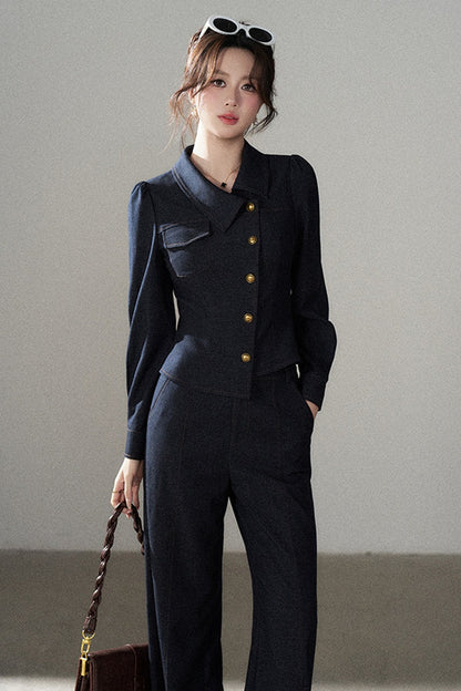 Asymmetrical Lapel Blue Top and Pants Set-Up