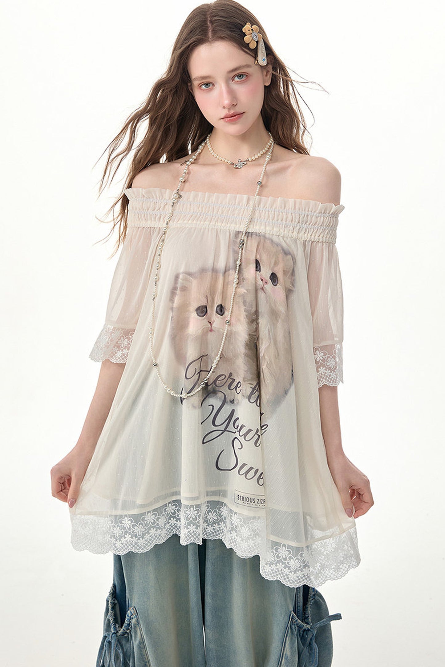 Cat Print Off-Shoulder Lace Trim Top