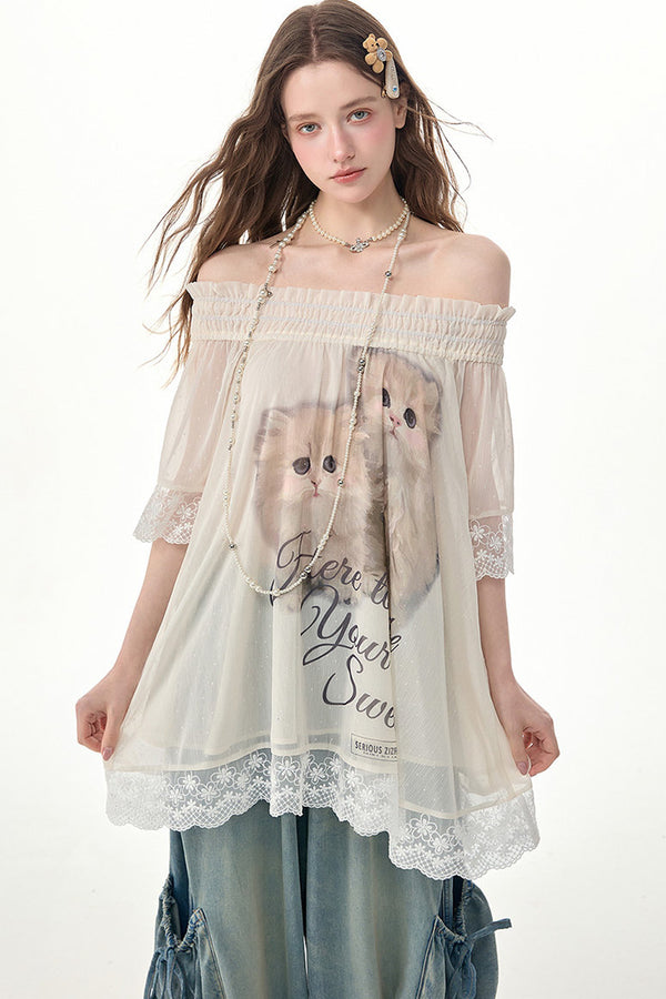 Cat Print Off-Shoulder Lace Trim Top