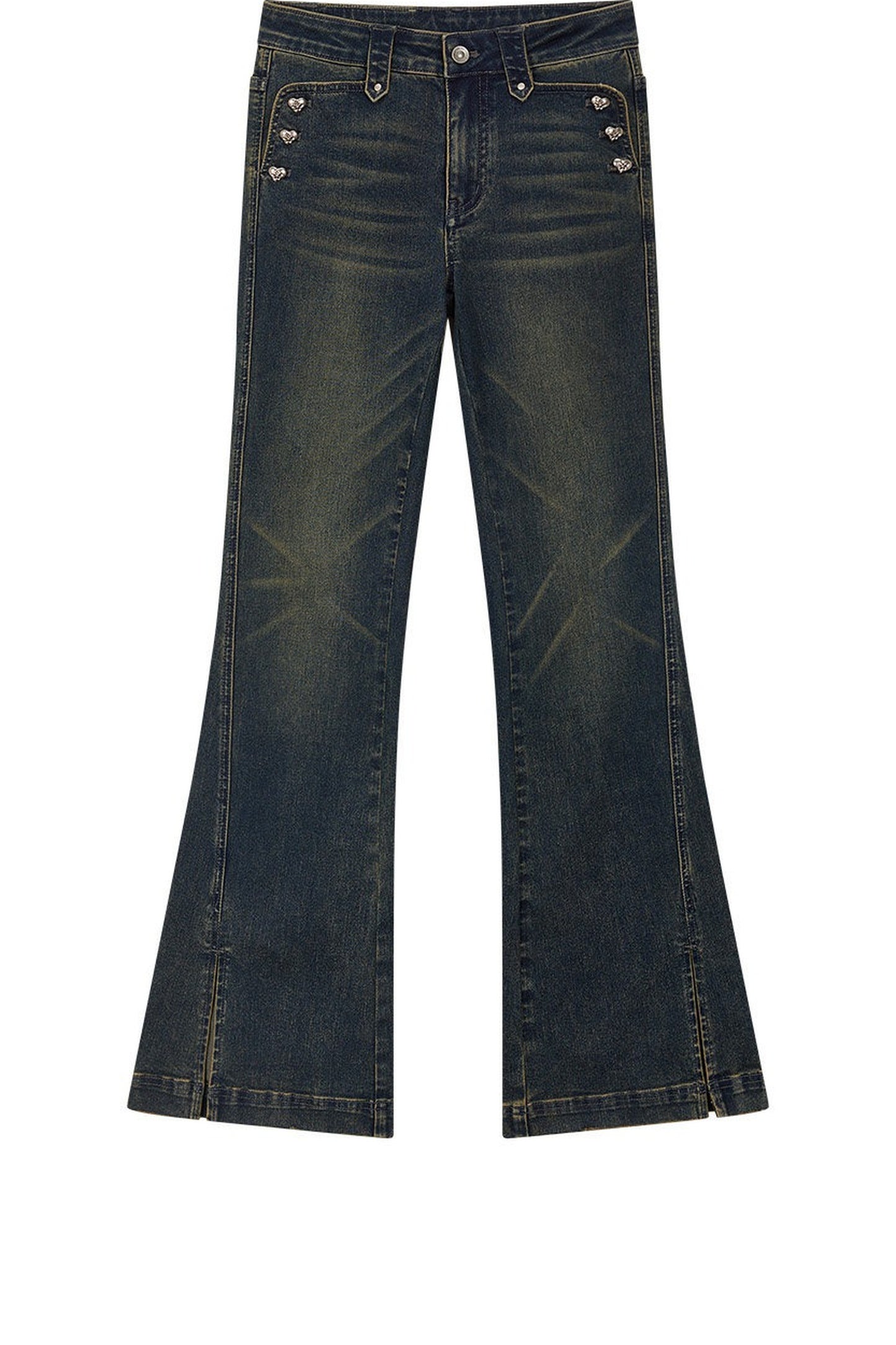 Heart Button Slit Flared Jeans