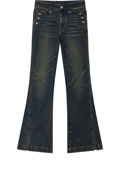 Heart Button Slit Flared Jeans