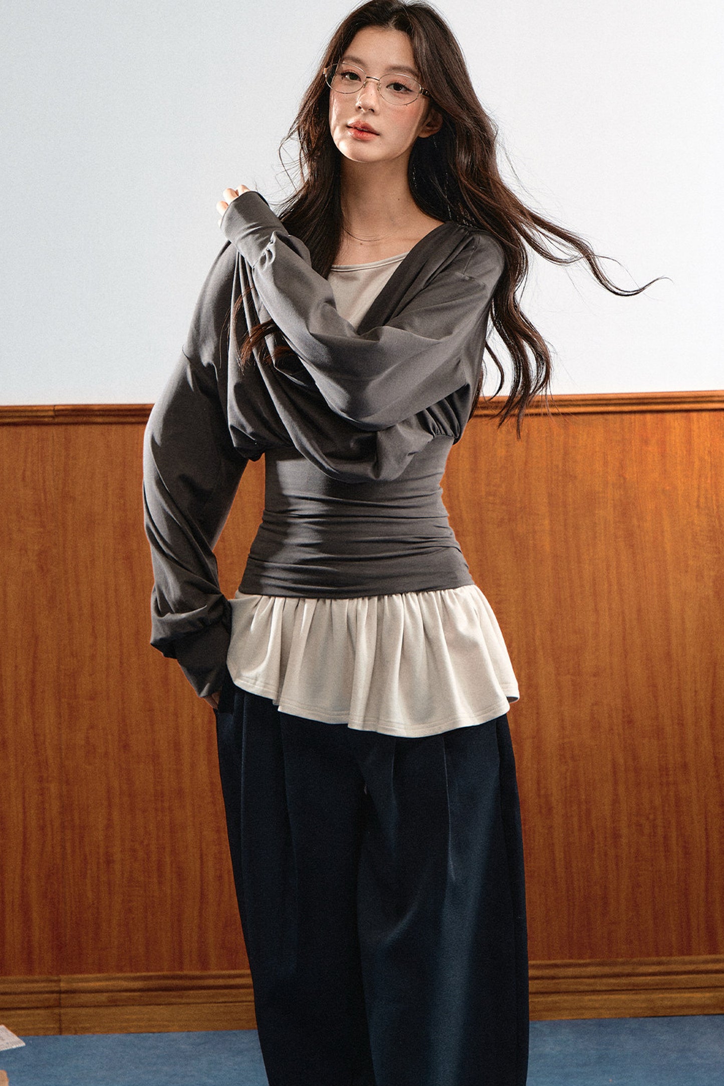 Draped Ruched Blouse and Inner Top Set-Up