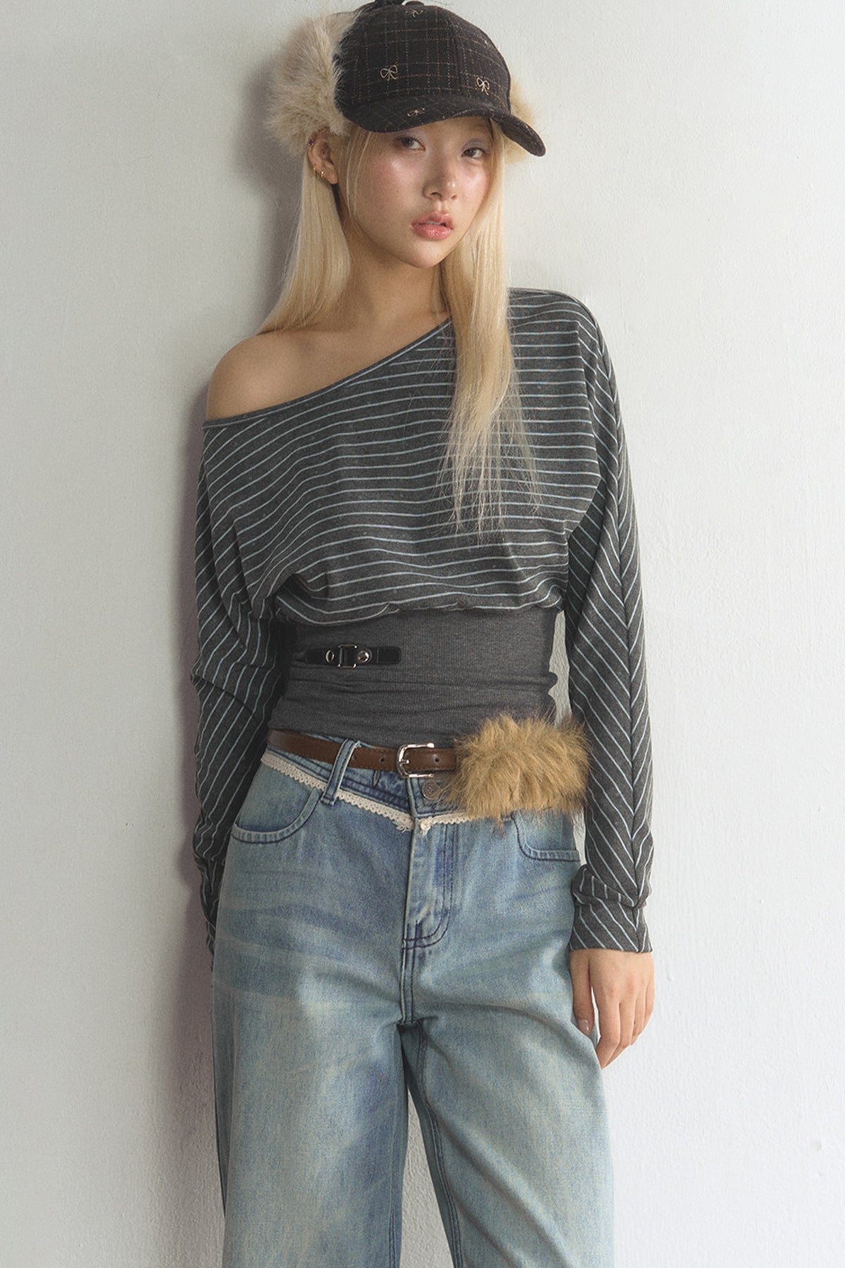 Striped Off-Shoulder Top and Jeans Set-Up