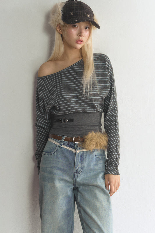 Striped Off-Shoulder Top and Jeans Set-Up