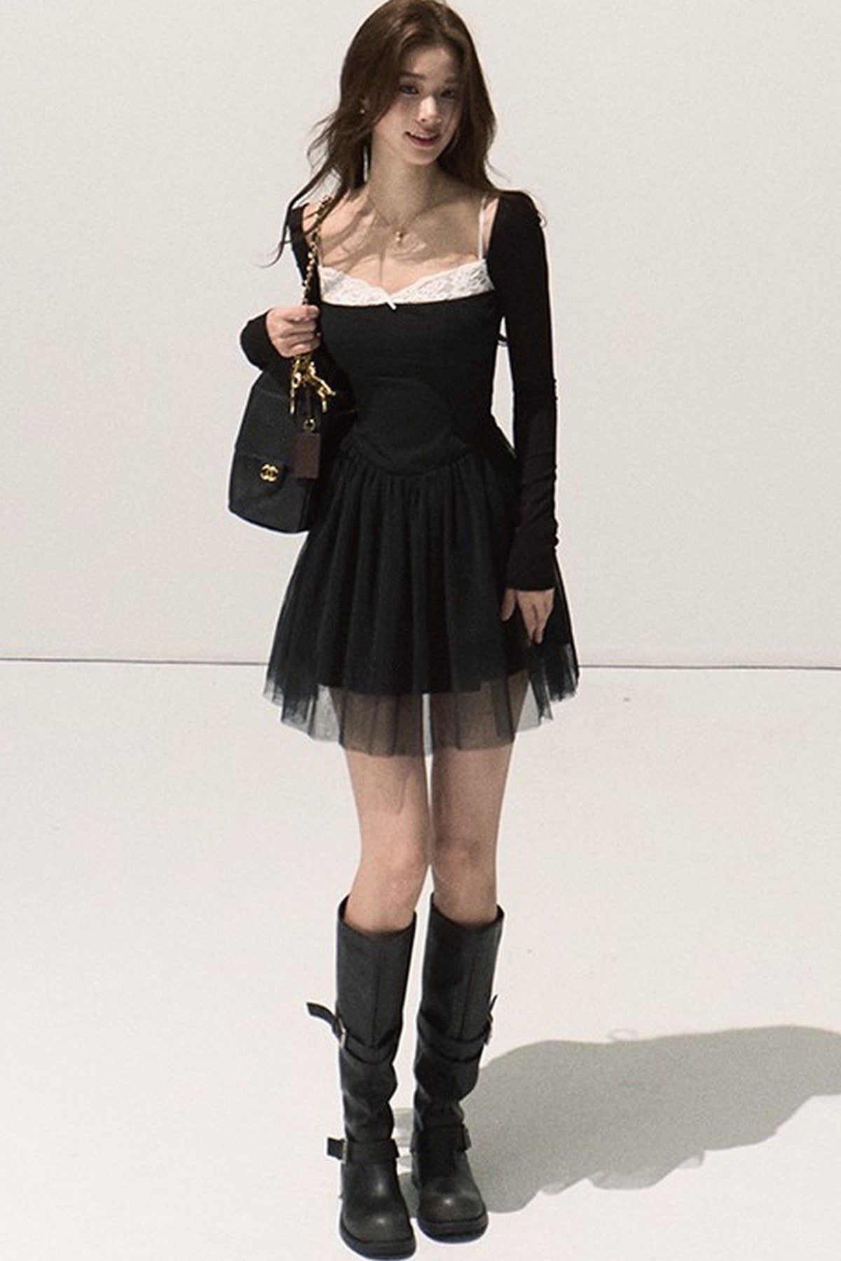 Lace-Trimmed Black Knit Dress