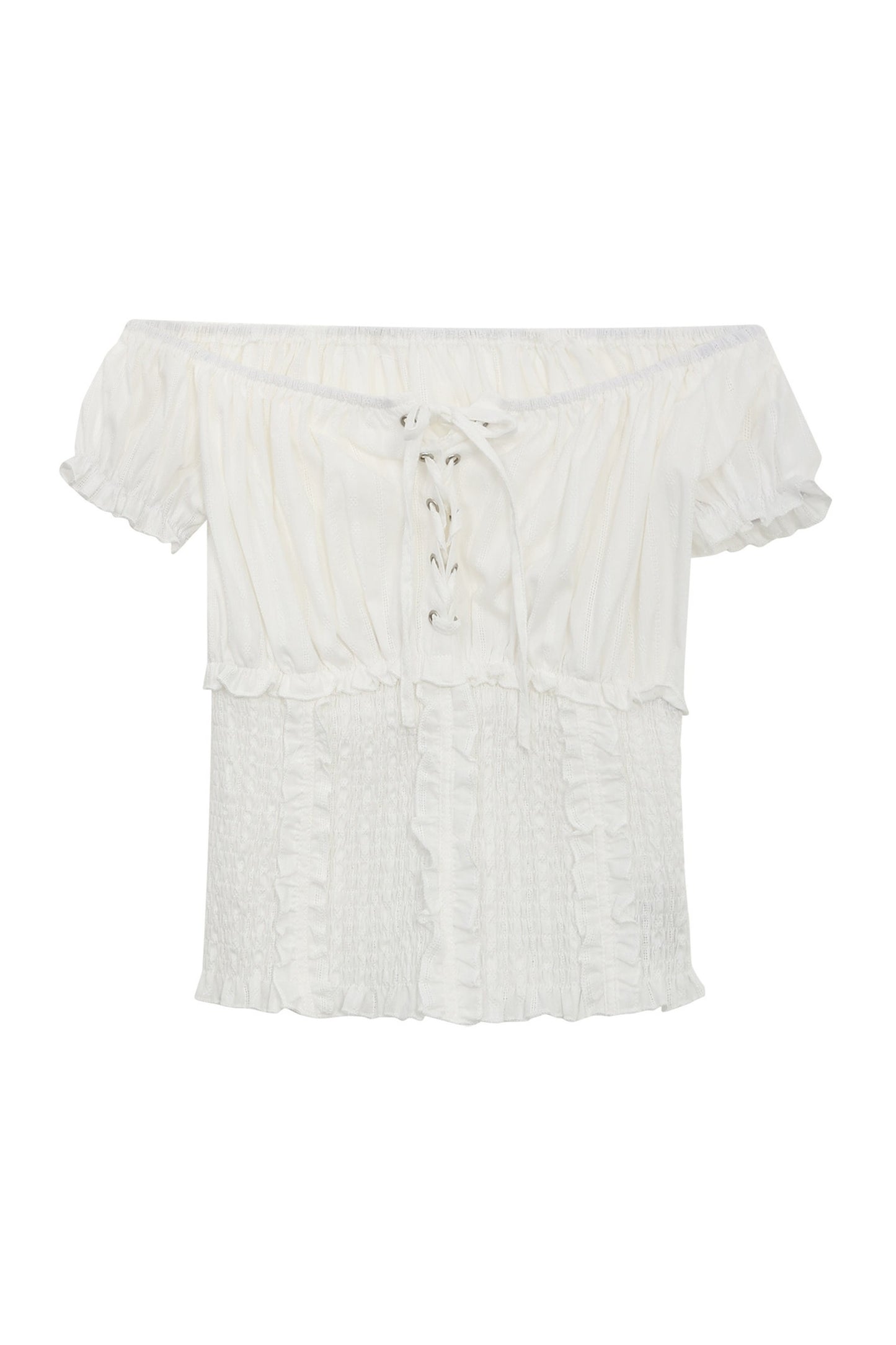 Off-Shoulder Puff Sleeve Lace-Up Top