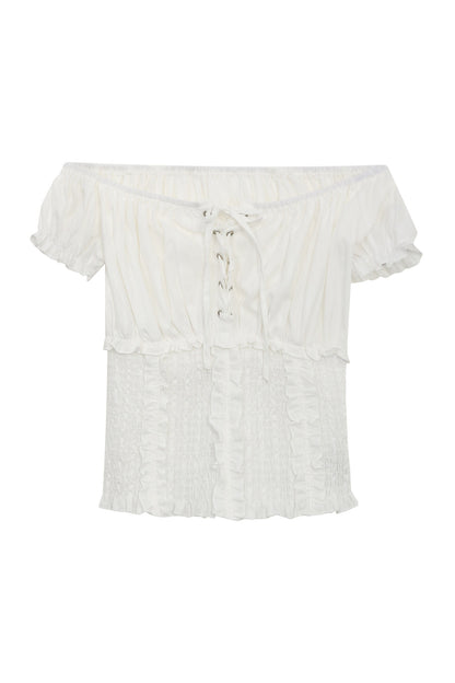 Off-Shoulder Puff Sleeve Lace-Up Top