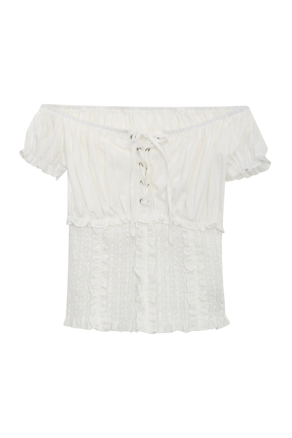 Off-Shoulder Puff Sleeve Lace-Up Top