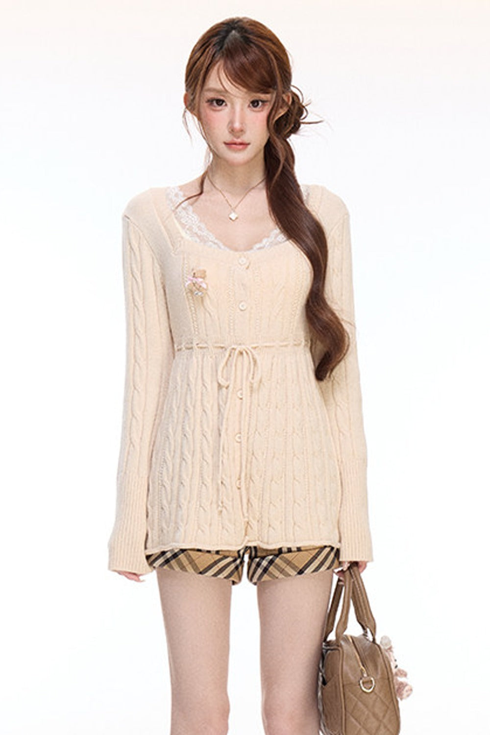 Square-Neck Cable Knit Top and Shorts 3-Piece Set-Up