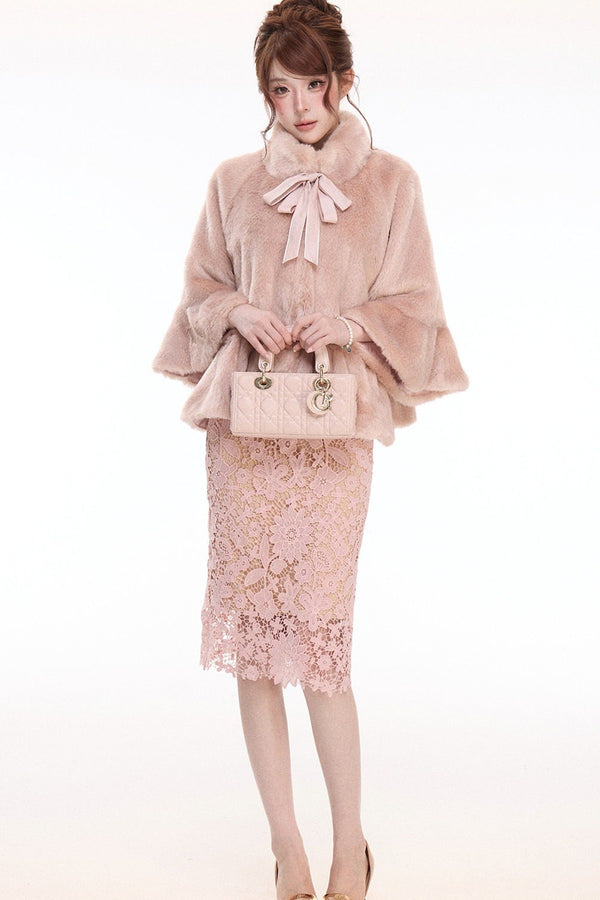 Pink Stand Collar Bow Fur Cape Coat and Midi Skirt Set-Up