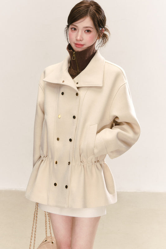 Beige Wool Blend Double-Breasted Drawstring Waist Coat