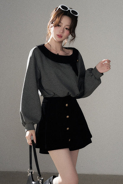 Gray Pullover Sweatshirt and Black Skirt Set-Up
