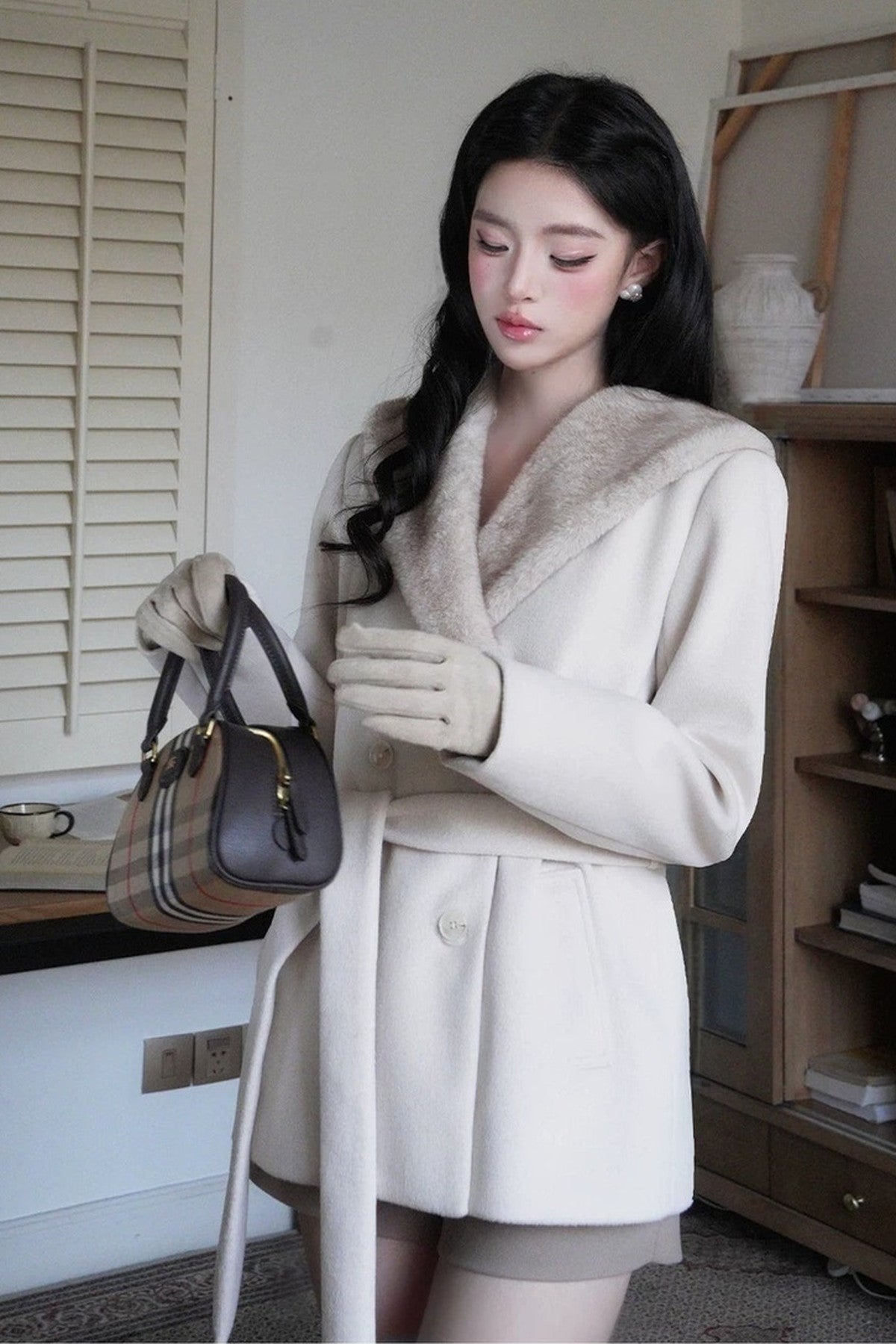 Mink Fur Collar Double-Breasted Short Jacket