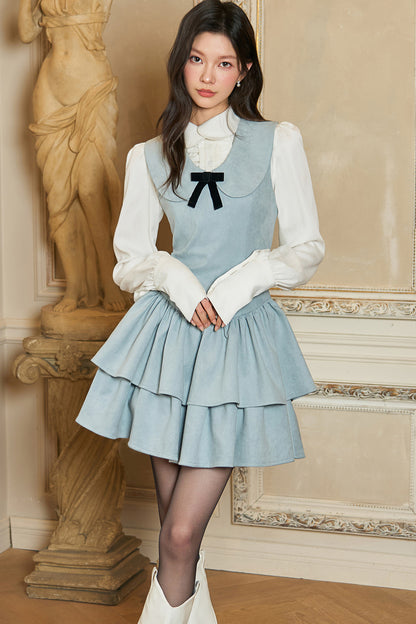 Sky Blue Suede Doll Collar Dress and White Shirt Set-Up