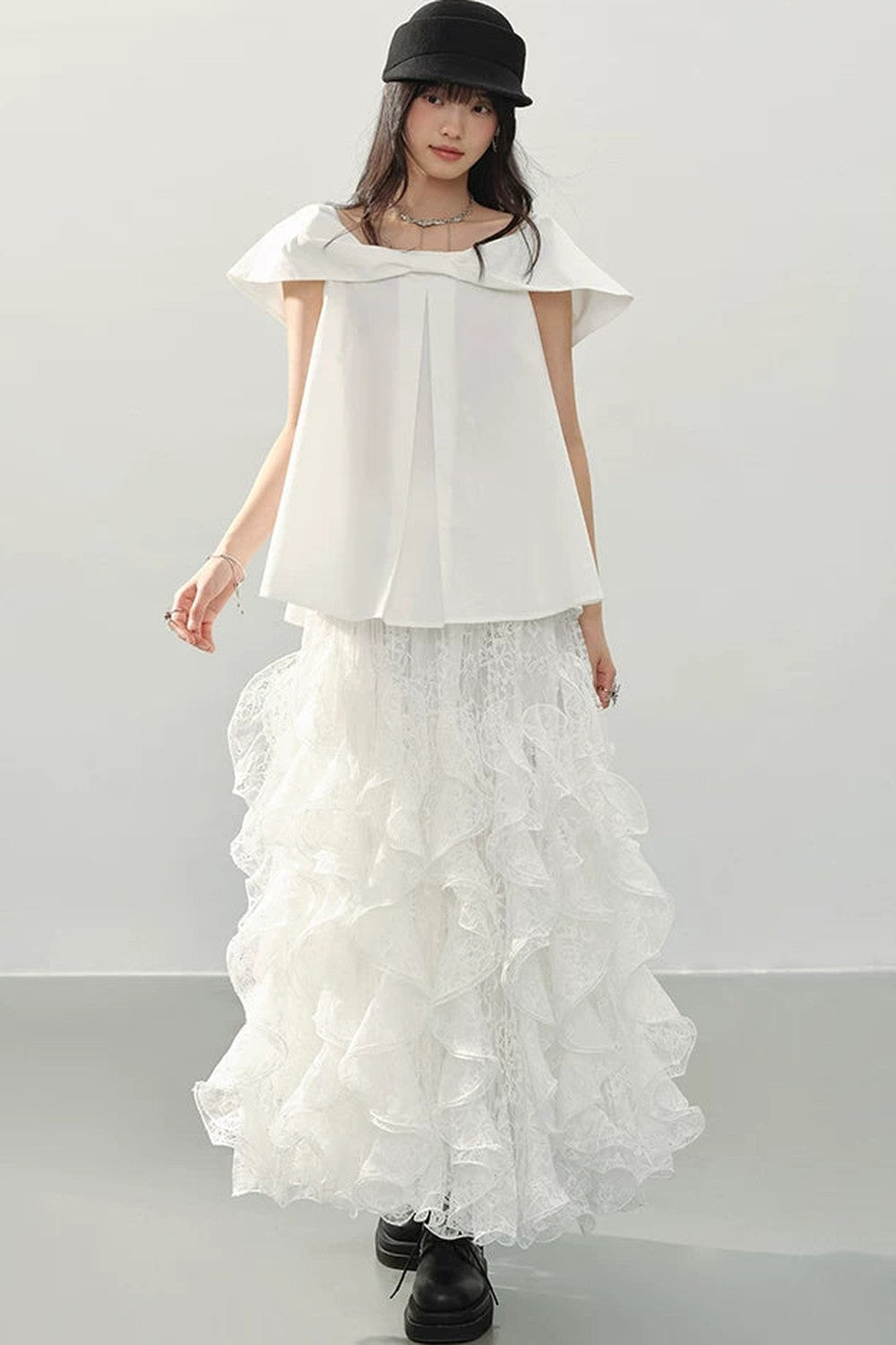 White Lace Ruffle Midi Skirt