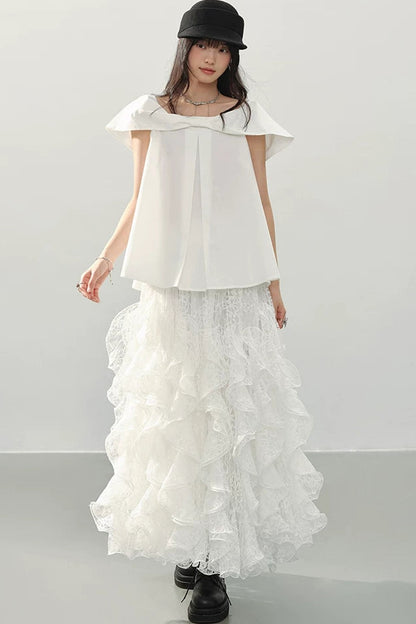 White Lace Ruffle Midi Skirt