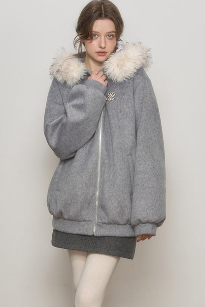 Hooded Fur Collar Woolen Jacket