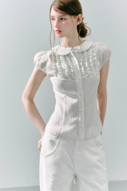 White Acetate Linen Ruffle Blouse