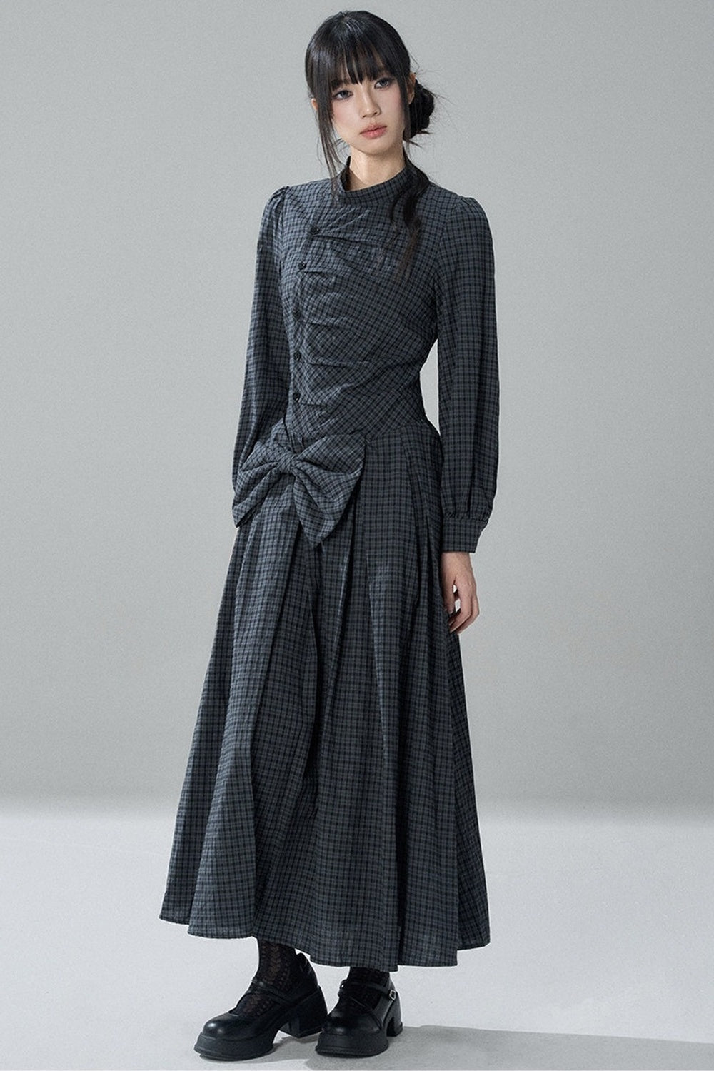 Plaid Bow Long Sleeve Dress