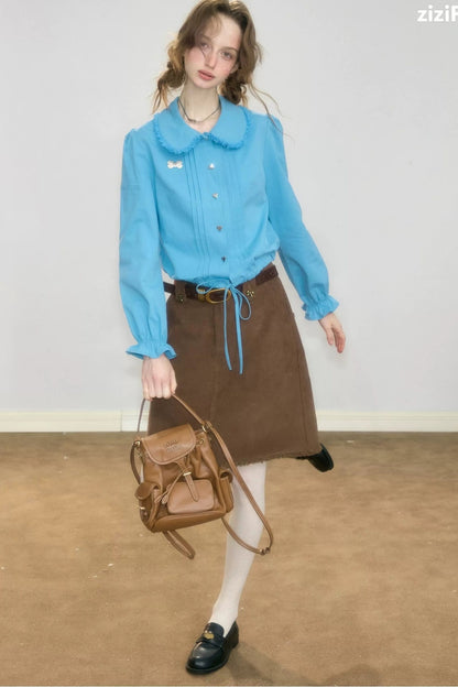 Tassel Doll Collar Puff Sleeve Shirt