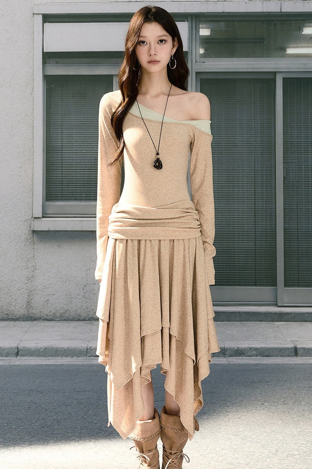 Long-Sleeved Asymmetrical Knitted Dress