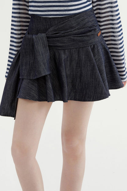 Navy Striped Long-Sleeve Top and A-Line Denim Skirt Set