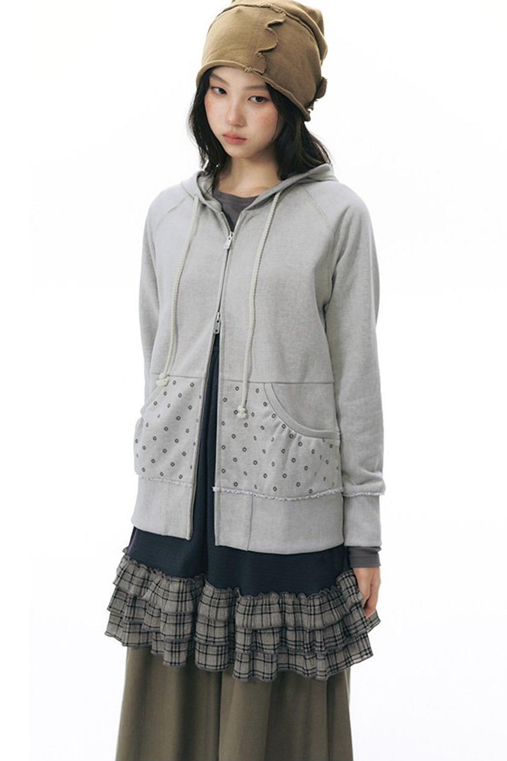 Distressed Floral Print Hooded Open Front Jacket