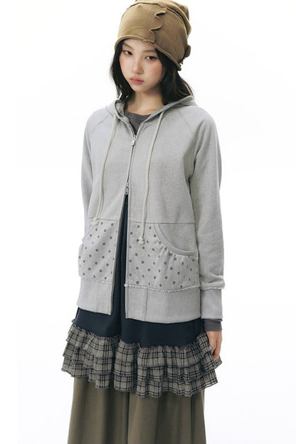 Distressed Floral Print Hooded Open Front Jacket