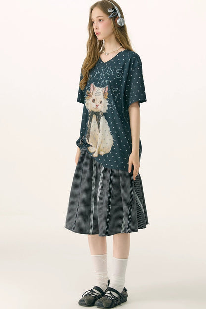 Top Scollo a V Grigio con Pois Gatto