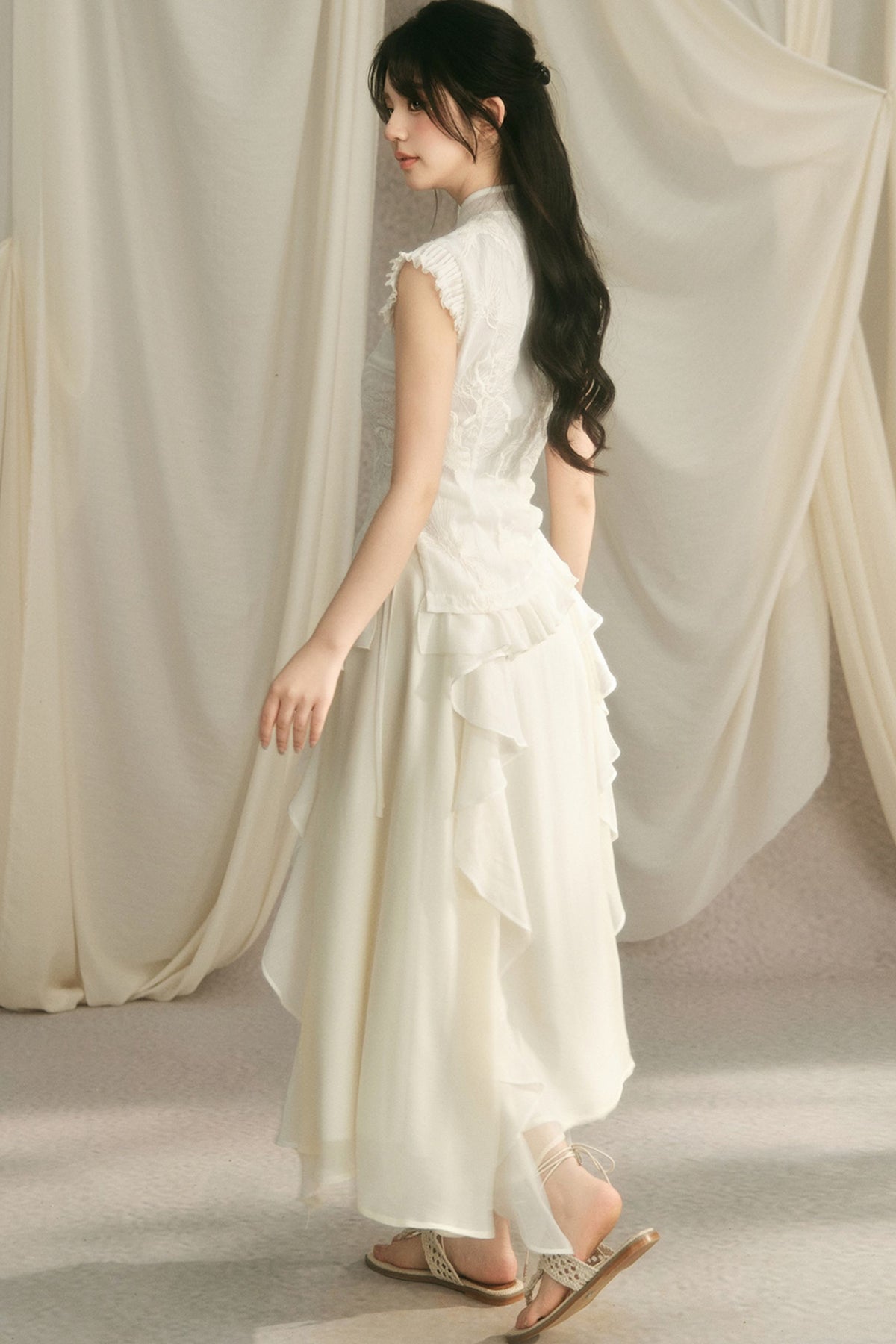 Embroidered Cheongsam Top and Ruffled Skirt Set-Up