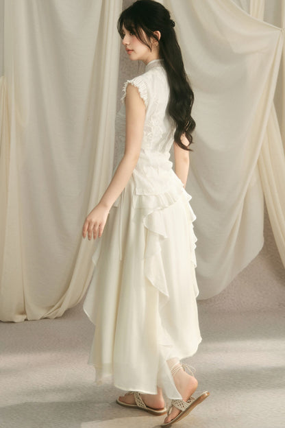 Embroidered Cheongsam Top and Ruffled Skirt Set-Up