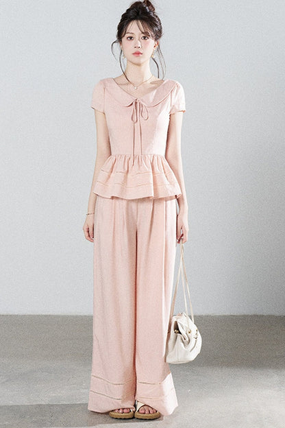 Ensemble chemise rose en Tencel à col Claudine et pantalon large