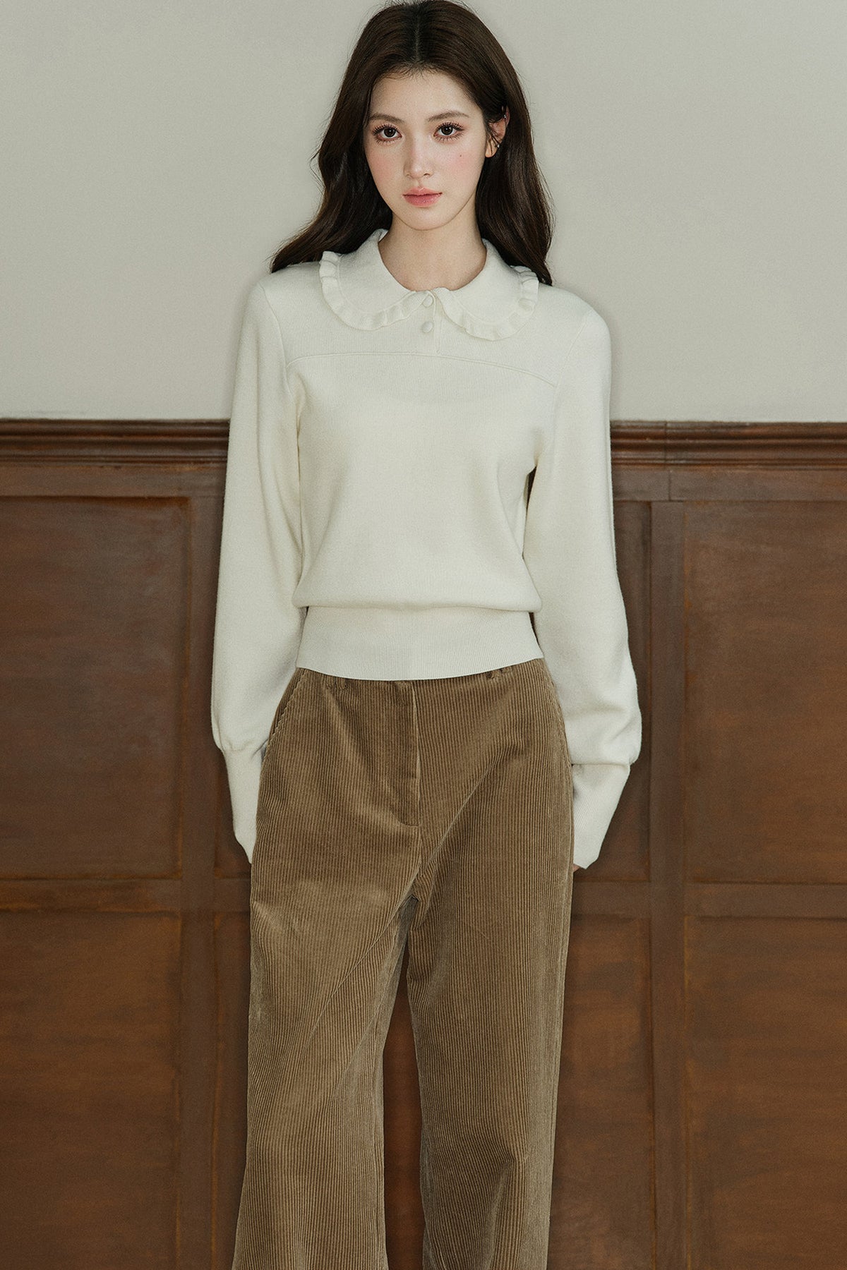 Wool Blend Ruffled Doll Collar Top
