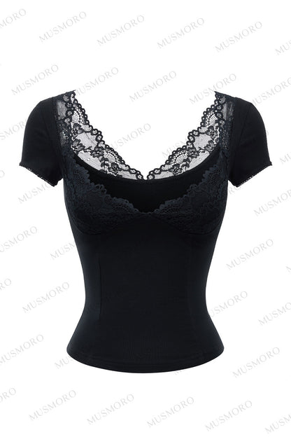 Lace Cuff Deep V-Neck Top