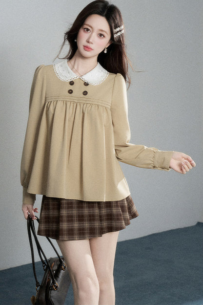 Khaki Doll Collar Pullover Shirt and Skirt Set-Up