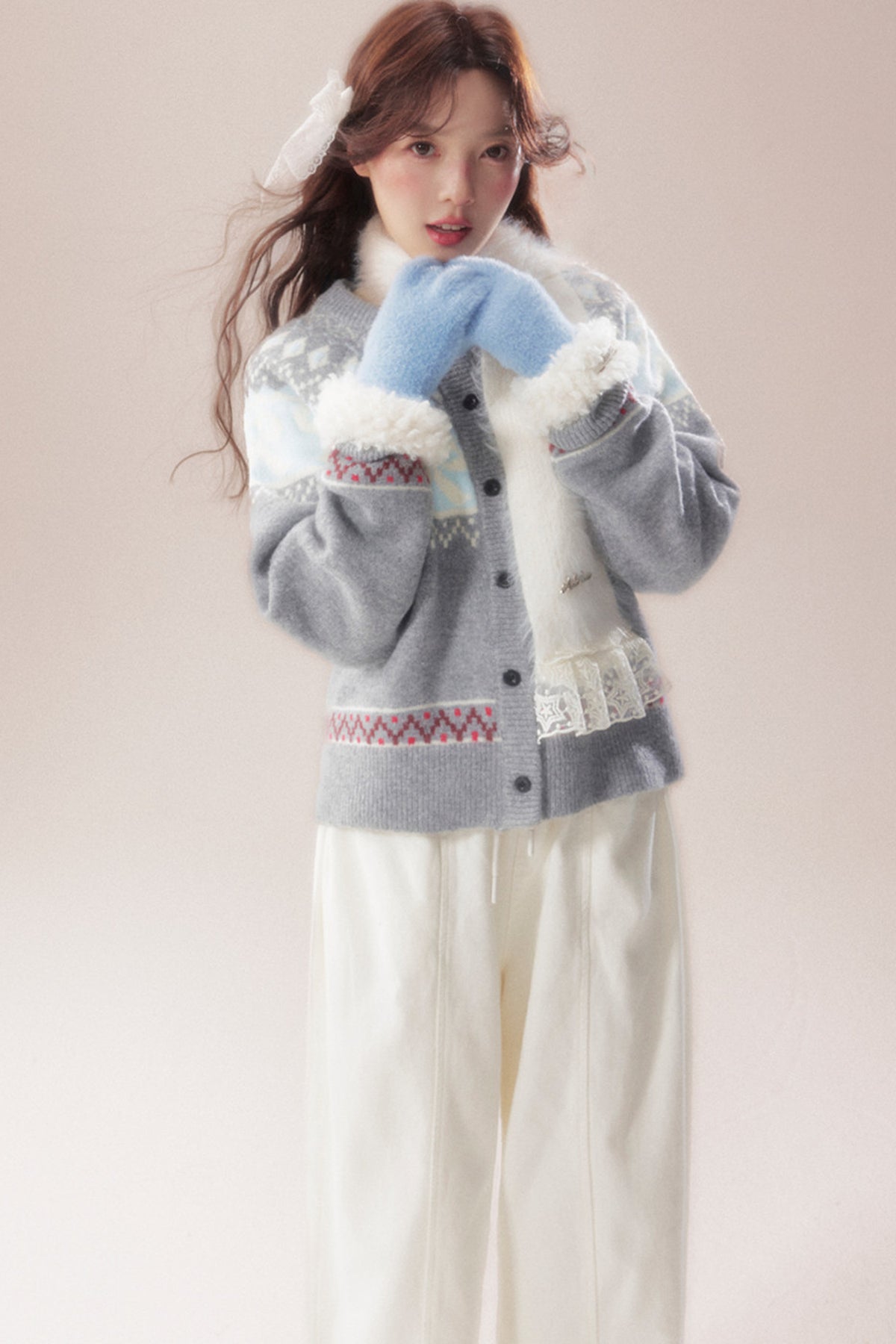 Bowknot Fair Isle Sweater Cardigan