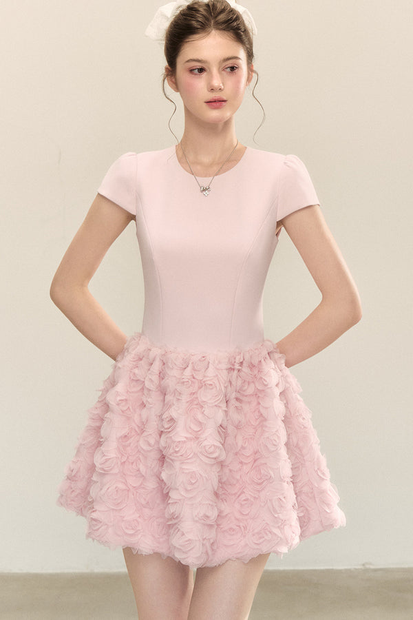 Patchwork 3D Floral A-Line Dress
