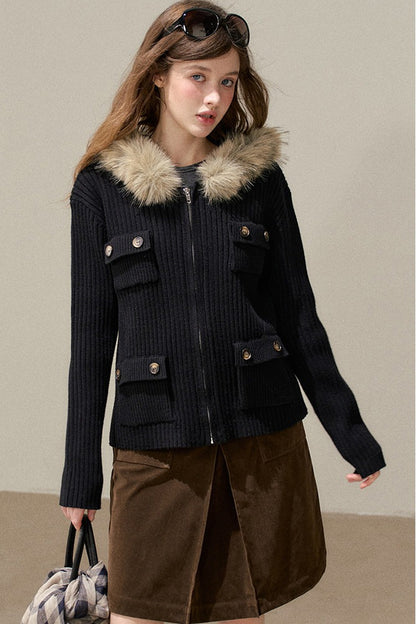 Hooded Ribbed Stripe Knit Cardigan