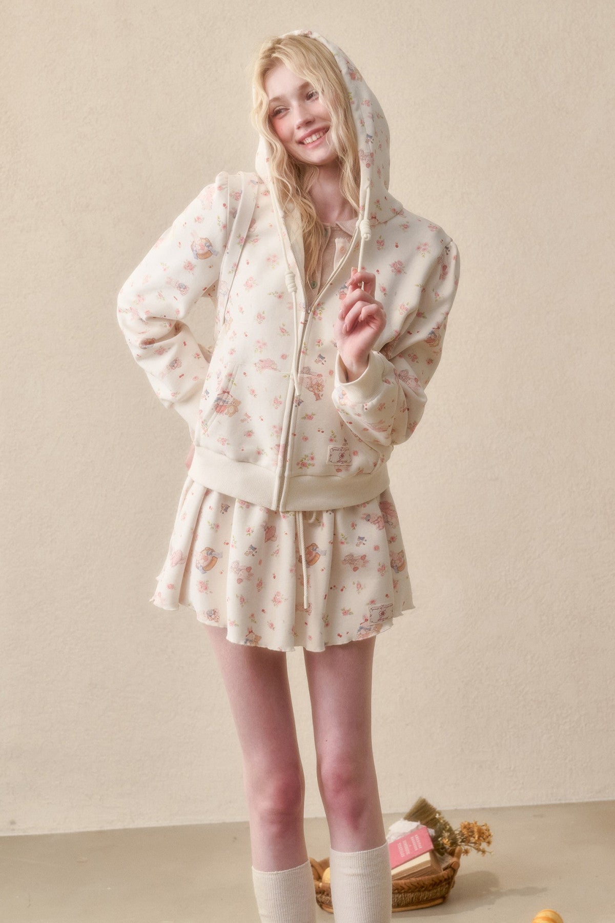 Bunny Print Hoodie Skirt Set-Up