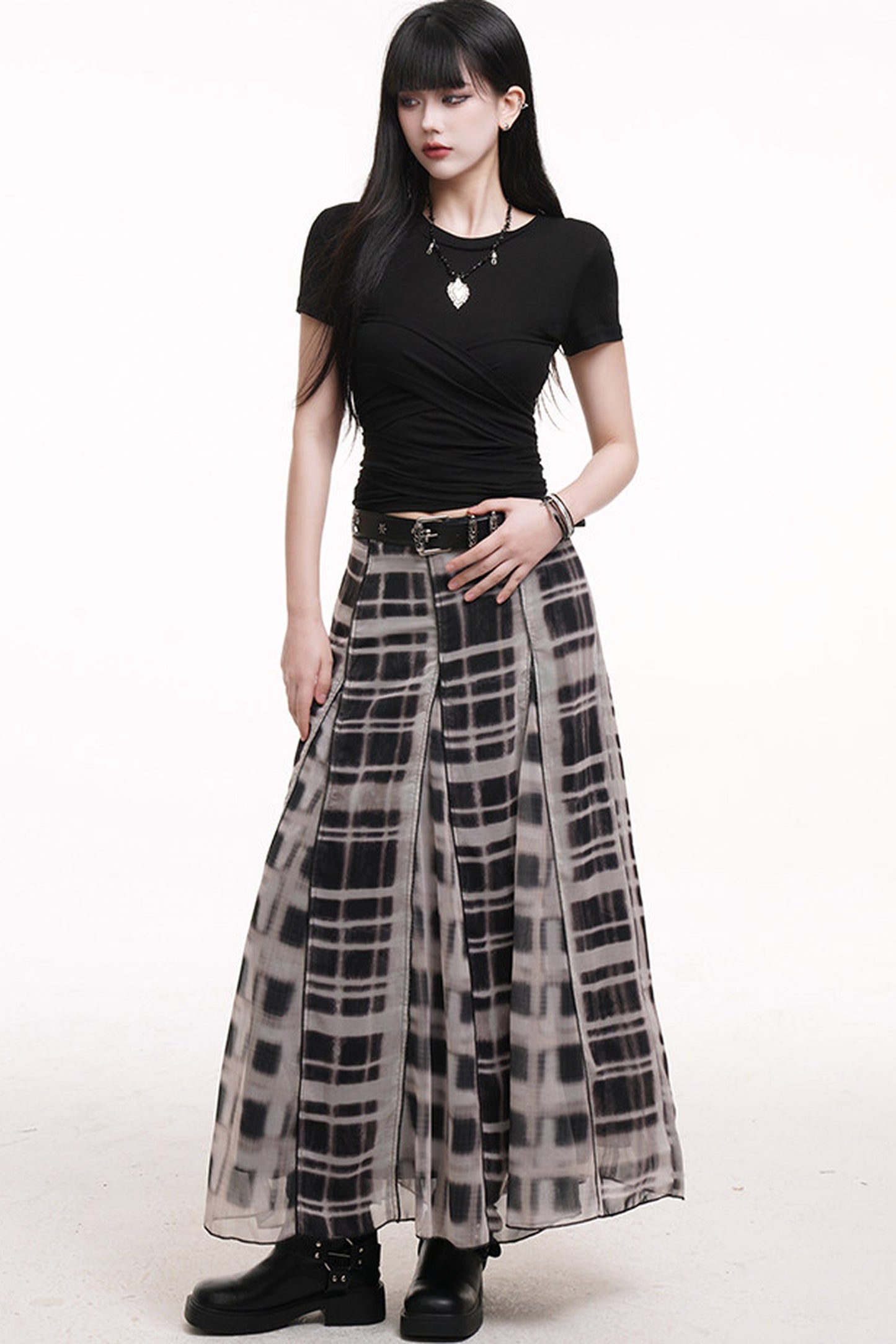 Gray Plaid Pleated Long Skirt