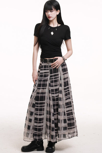 Gray Plaid Pleated Long Skirt