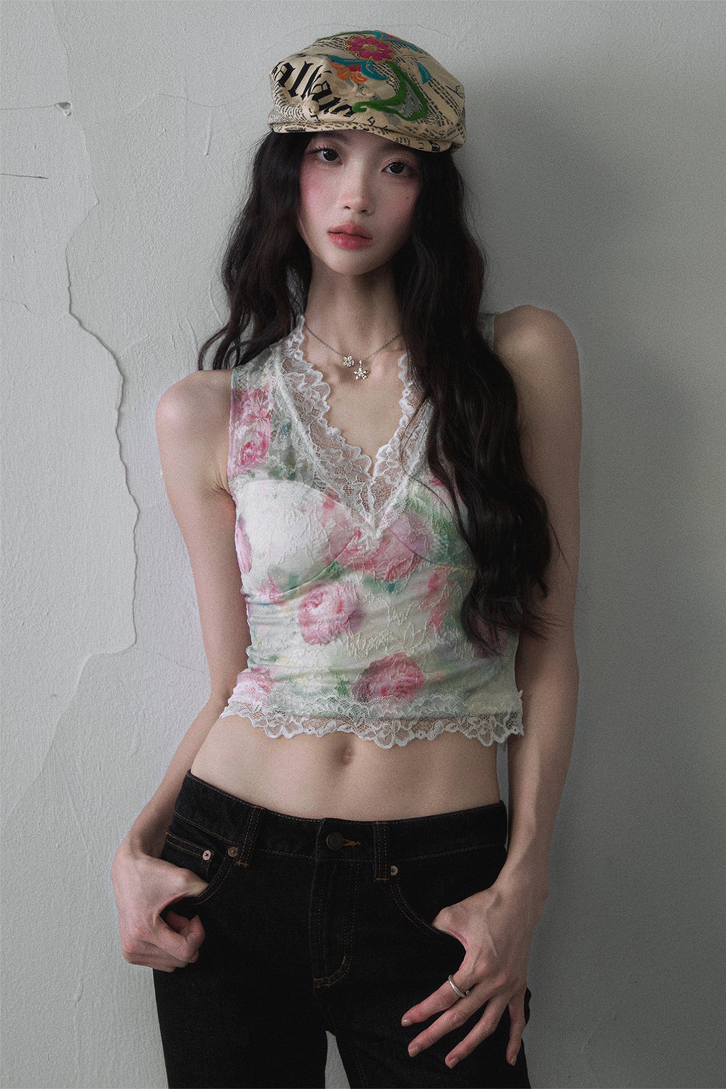 Rose Oil Painting Lace Vest