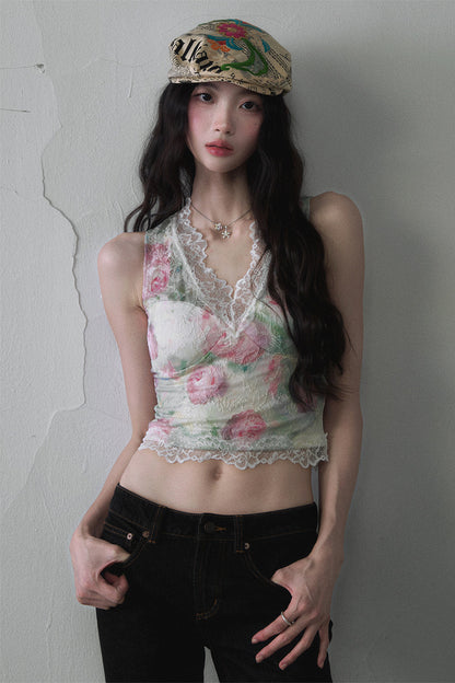Rose Oil Painting Lace Vest